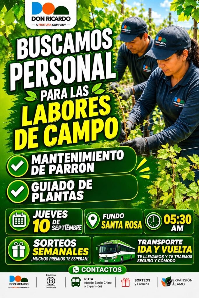 Se requiere personal en agricola Don Ricardo