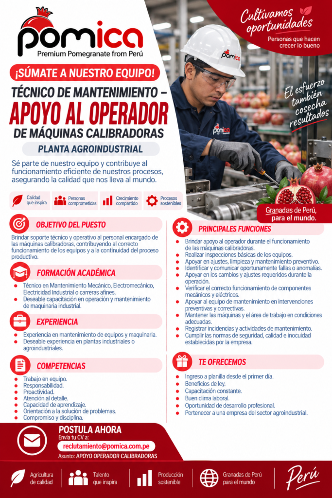 📢 TÉCNICO DE MANTENIMIENTO – APOYO AL OPERADOR DE MÁQUINAS CALIBRADORAS