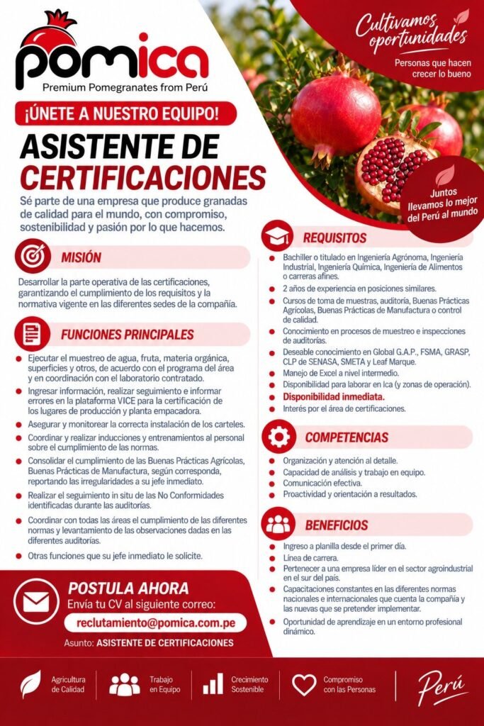 🌱 ¡Únete a POMICA! | Asistente de Certificaciones – Planta - Imagen 1
