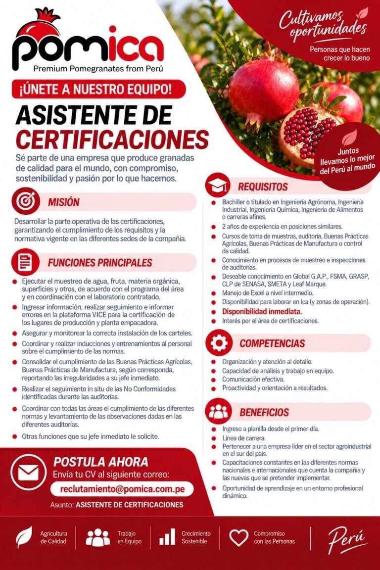 🌱 ¡Únete a POMICA! | Asistente de Certificaciones – Planta
