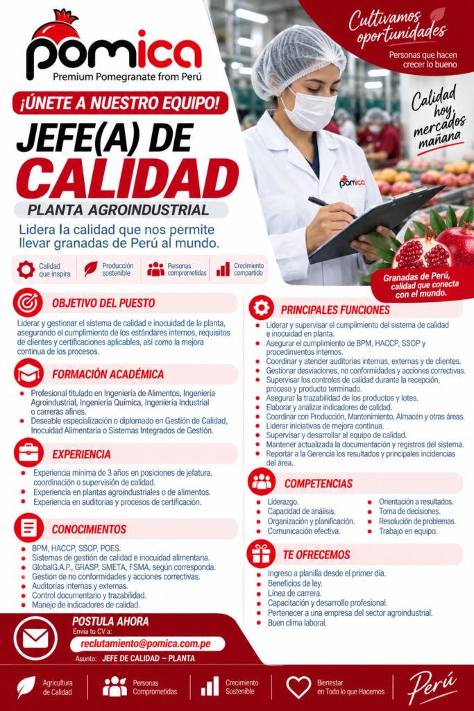 📢 JEFE(A) DE CALIDAD – PLANTA AGROINDUSTRIAL