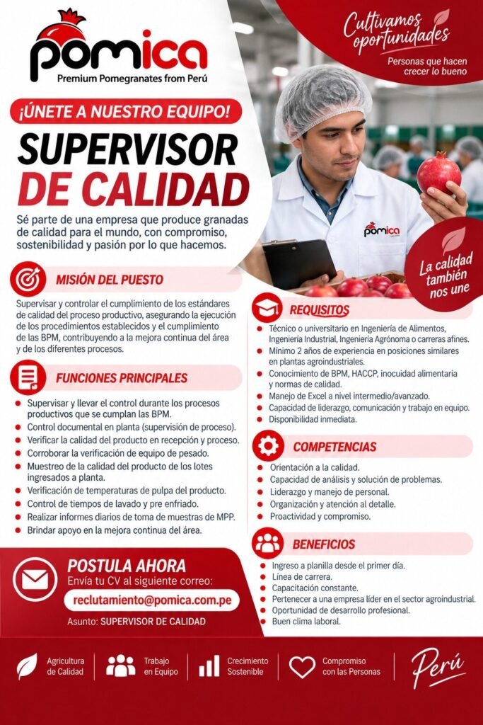 📢 SUPERVISOR(A) DE CALIDAD – PLANTA AGROINDUSTRIAL - Imagen 1