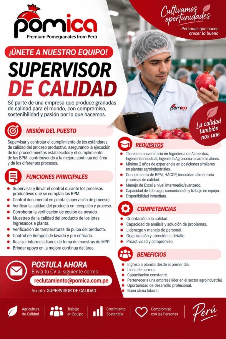 📢 SUPERVISOR(A) DE CALIDAD – PLANTA AGROINDUSTRIAL