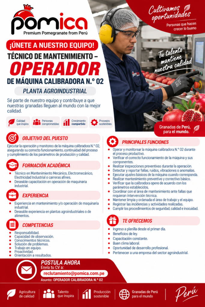 📢 TÉCNICO DE MANTENIMIENTO – OPERADOR DE MÁQUINA CALIBRADORA N.° 02