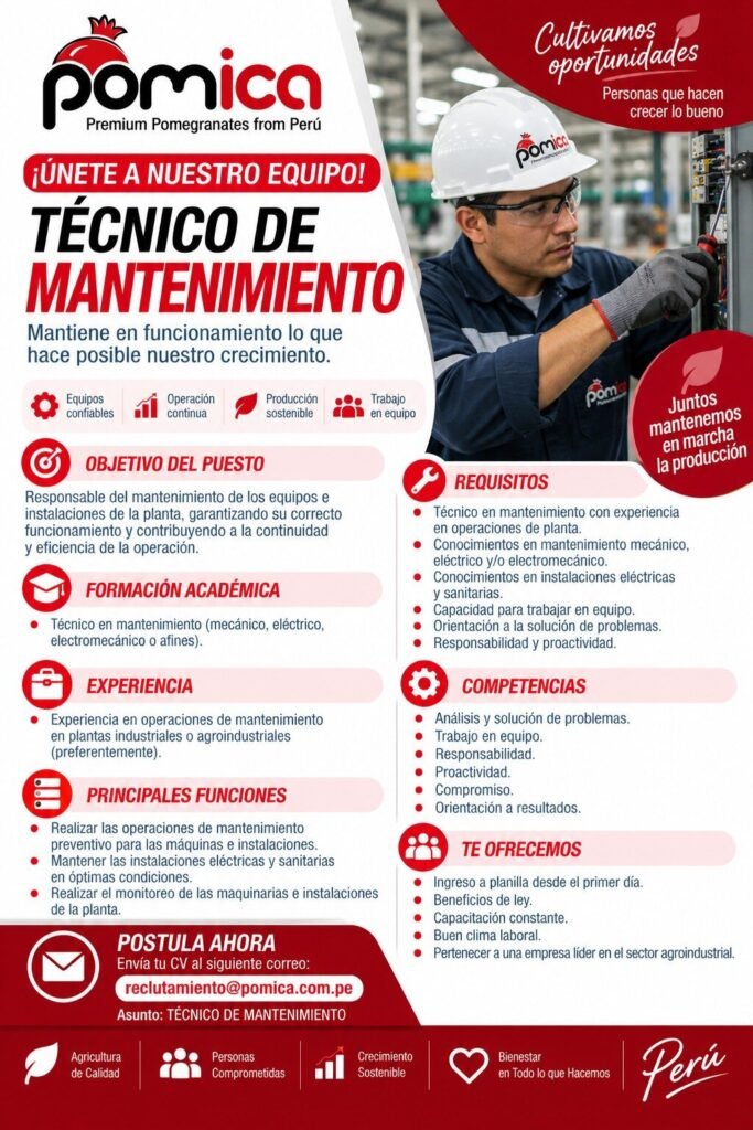 CONVOCATORIA LABORAL – TÉCNICO DE MANTENIMIENTO DE PLANTA - Imagen 1