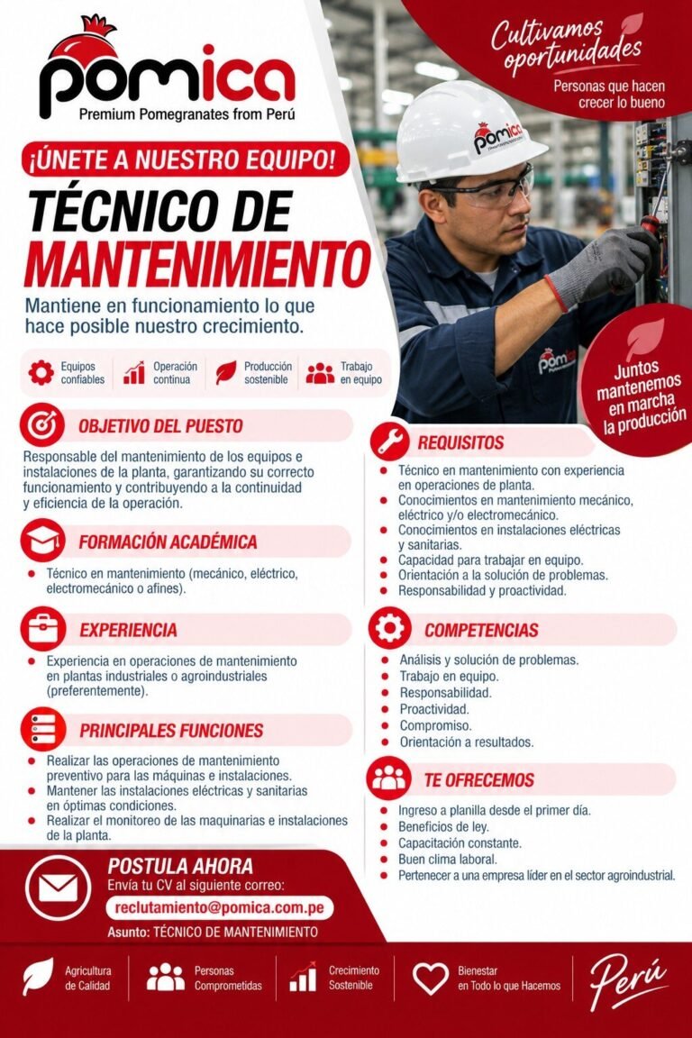 CONVOCATORIA LABORAL – TÉCNICO DE MANTENIMIENTO DE PLANTA