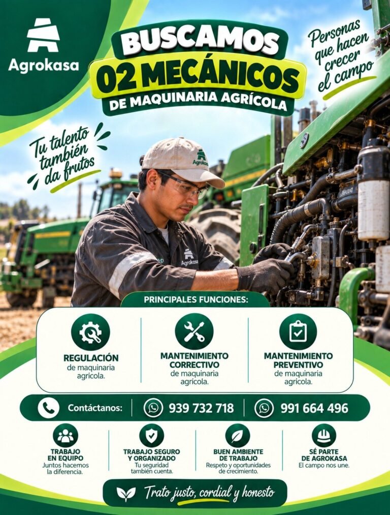 Agrokasa busca 02 mecánicos de maquinaria agrícola
