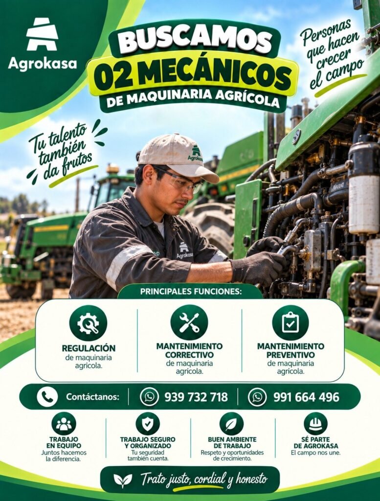Agrokasa busca 02 mecánicos de maquinaria agrícola - Imagen 1