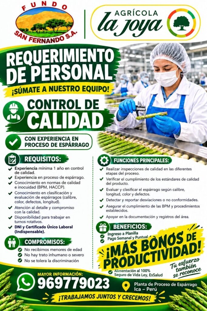 ¡AGRÍCOLA LA JOYA – FUNDO SAN FERNANDO ESTÁ CONTRATANDO! - Imagen 2