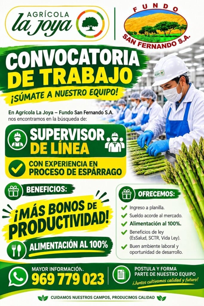 ¡AGRÍCOLA LA JOYA – FUNDO SAN FERNANDO ESTÁ CONTRATANDO!
