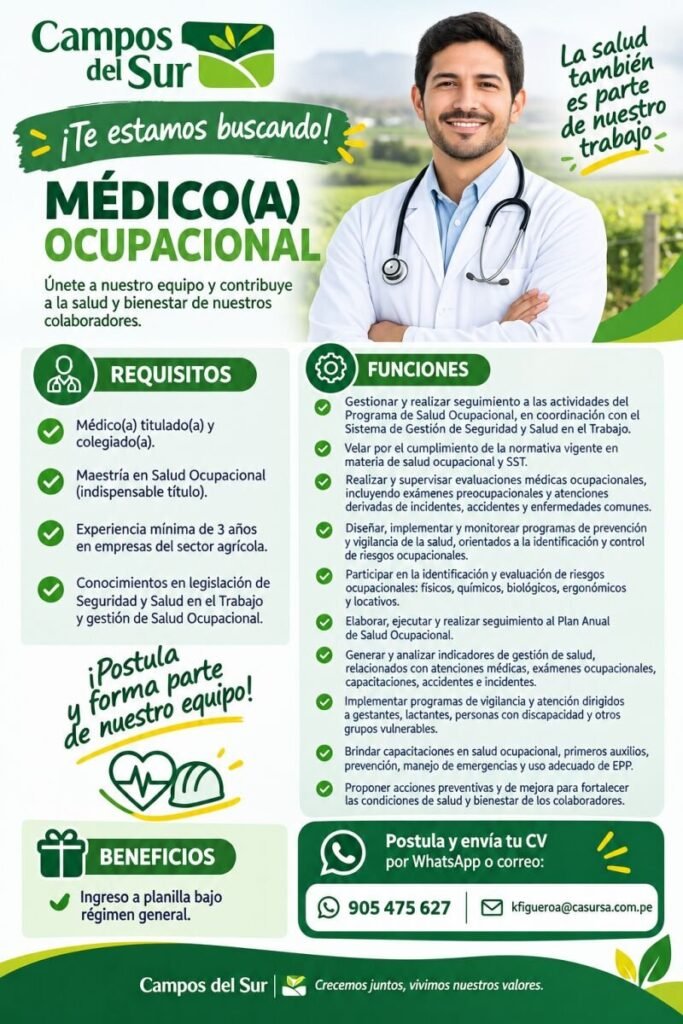 Médico(a) Ocupacional para Campos del Sur