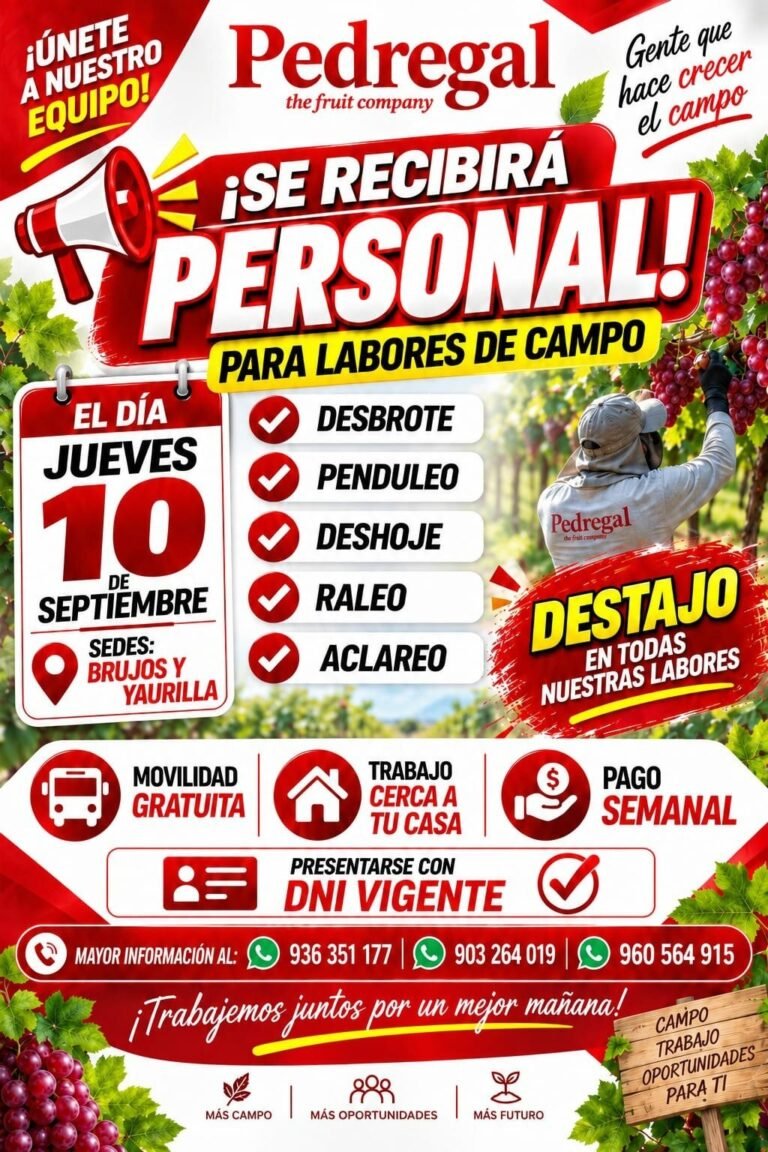 Personal para Labores Agrícolas en Brujos y Yaurilla