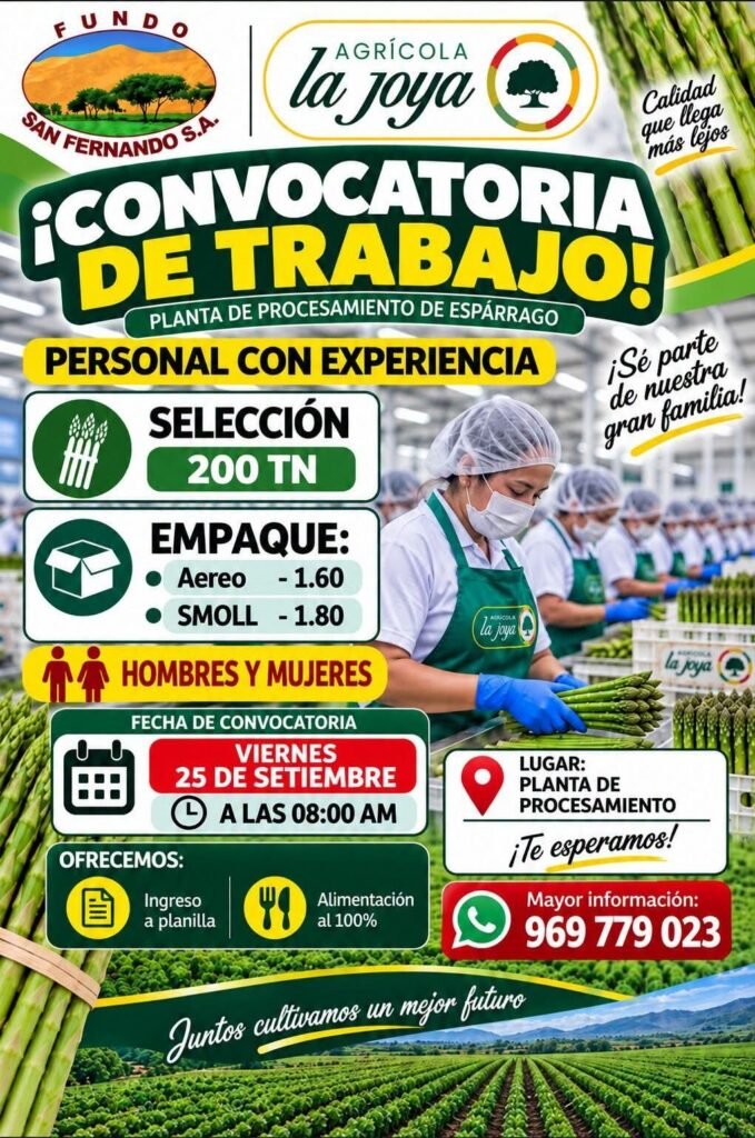 Operarios para Planta de Procesamiento de Espárrago en Ixa