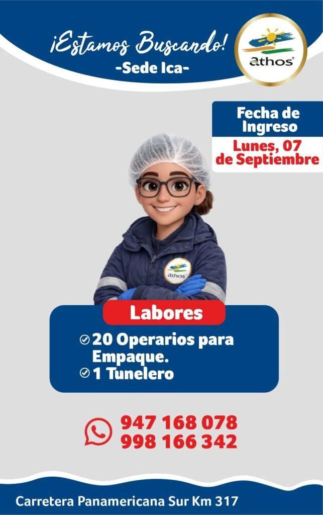 20 operarios para packing turno noche en Athos
