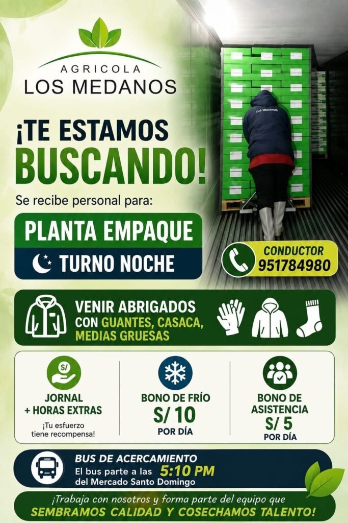 Personal para Planta de Empaque en Turno Noche – Ica
