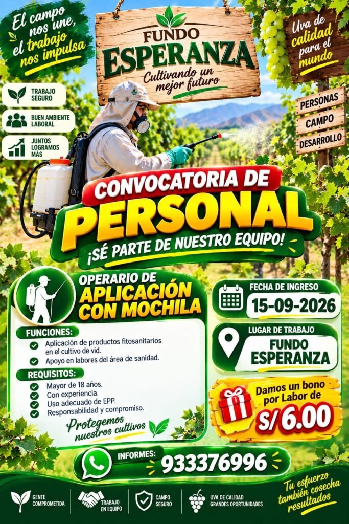 Operario de Aplicación con Mochila en Fundo Esperanza, Perú