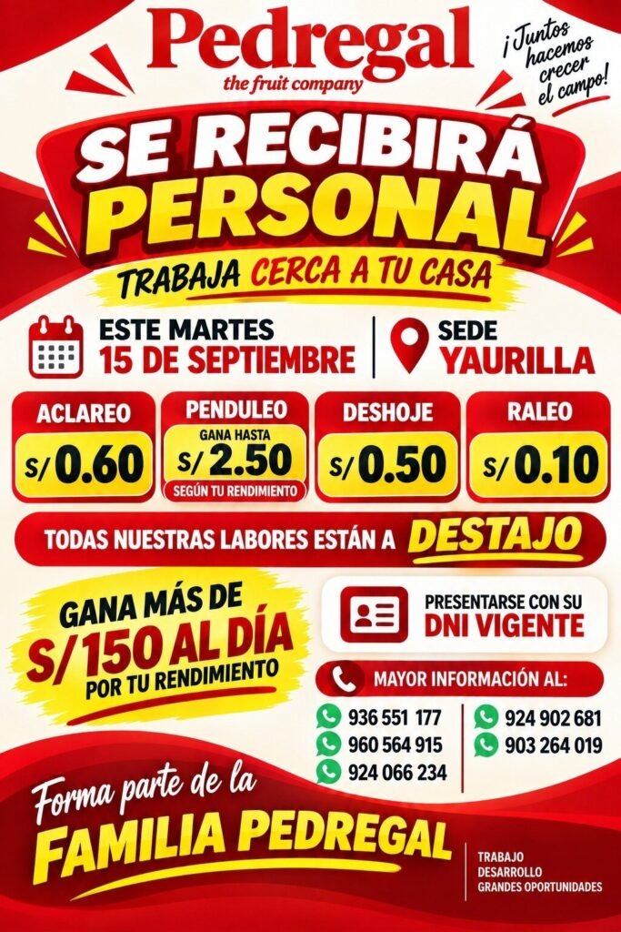 Personal para Labores Agrícolas en Pedregal, Ica