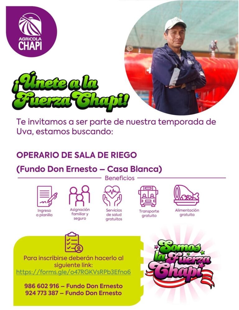 Operario de Sala de Riego en Fundo Don Ernesto, Casa Blanca