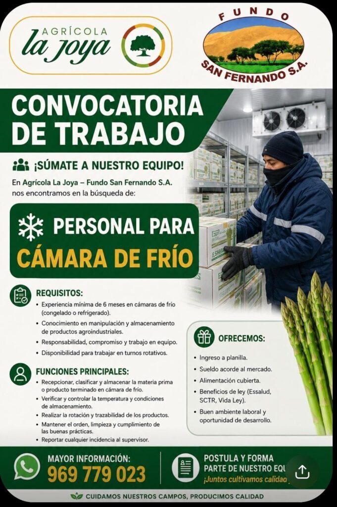 Personal para Cámara de Frío en Agrícola La Joya, Ica