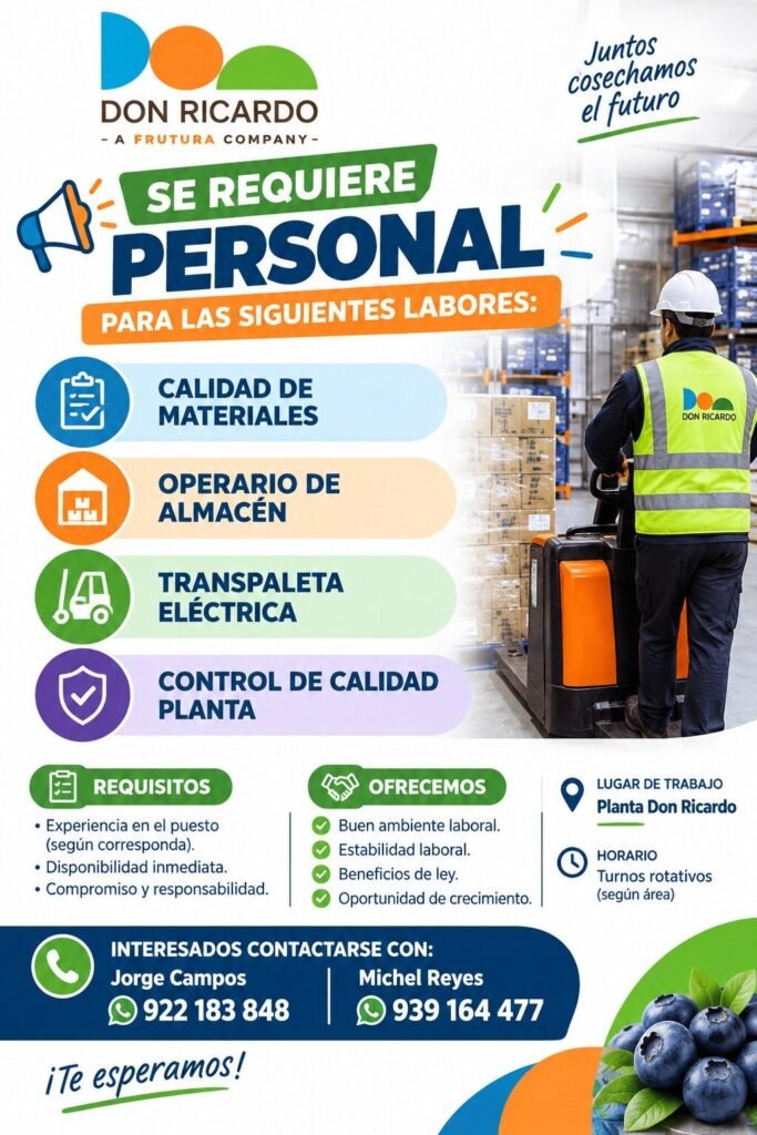 Diversos puestos en Planta Don Ricardo, Ica