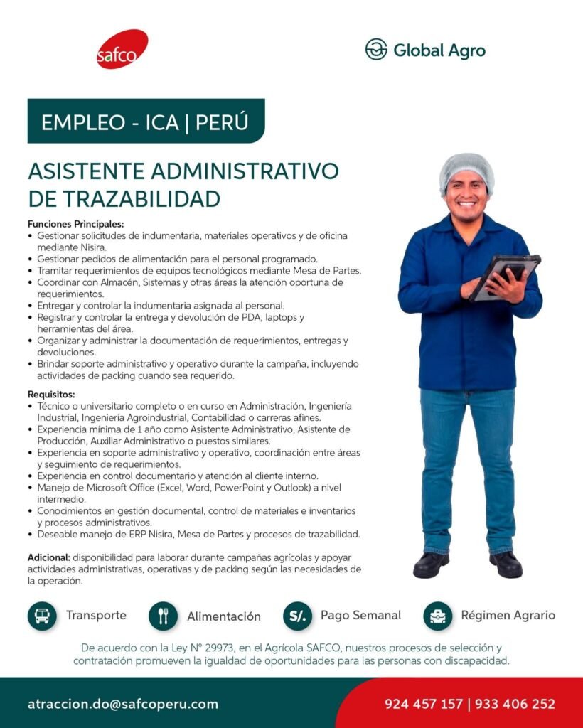 Asistente Administrativo de Trazabilidad en Ica para Agrícola SAFCO