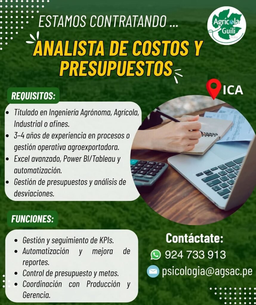 Analista de Costos y Presupuestos para AGSAC en Perú