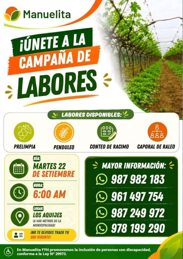 Trabajadores Agrícolas para Campaña en Los Aquijes, Ica