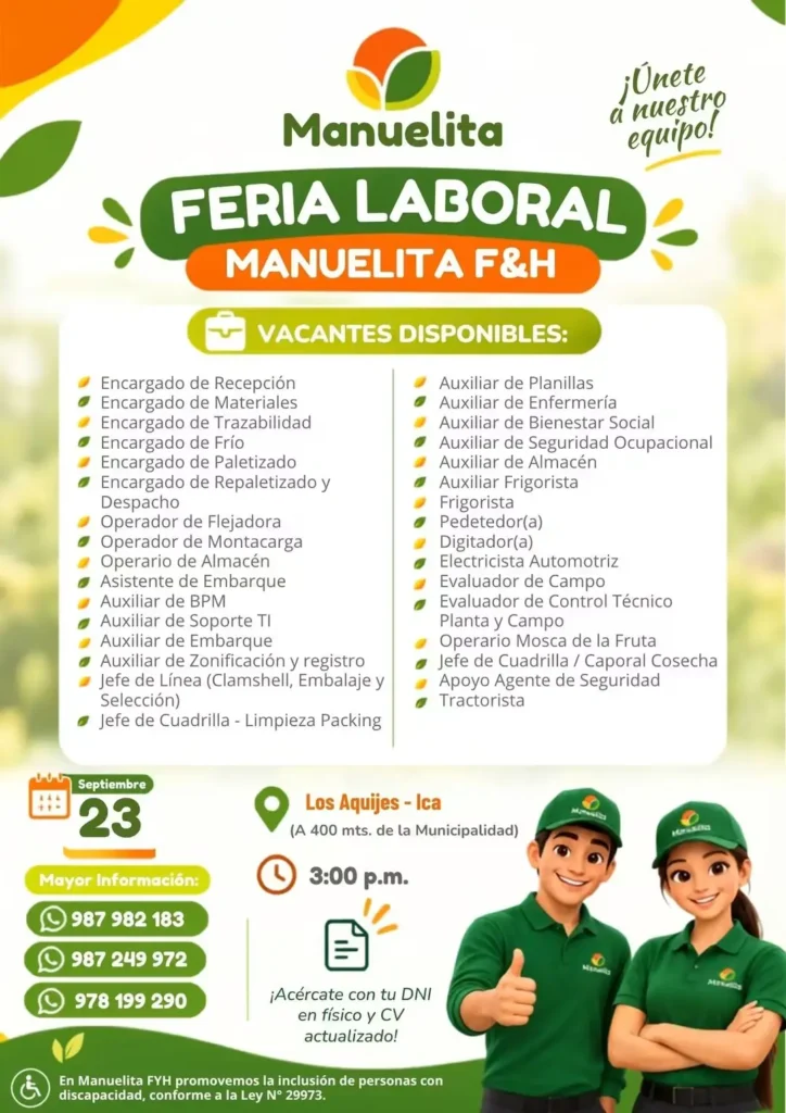 Feria Laboral para Diversos Puestos en Manuelita Los Aquijes, Ica