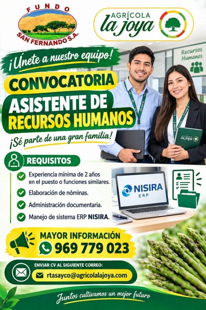 Asistente de Recursos Humanos en Agrícola La Joya, Ica