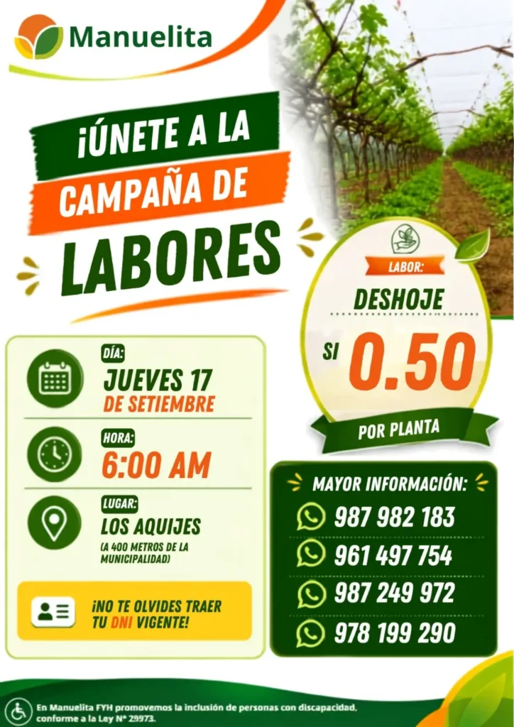Trabajadores para Labores de Deshoje en Los Aquijes