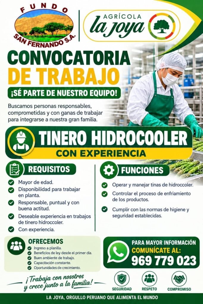 Tinero hidrocooler con experiencia — Fundo San Fernando