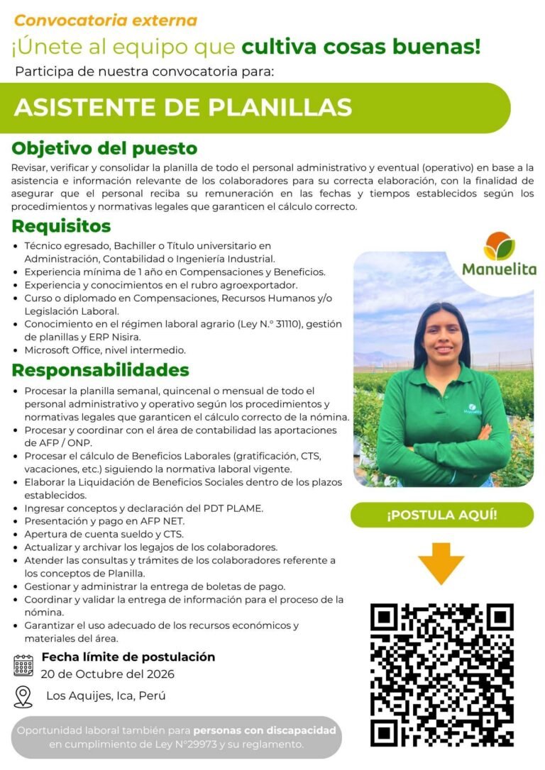 Asistente de Planillas y Analista de Costos y Presupuesto – Manuelita