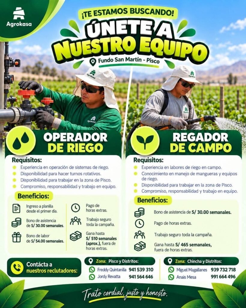 Oportunidades laborales en Agrokasa – Fundo San Martín, Pisco - Imagen 1