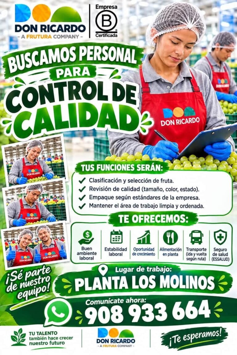 Personal para Planta – Control de Calidad, Paletizado, Abastecimiento y más – Don Ricardo, Ica