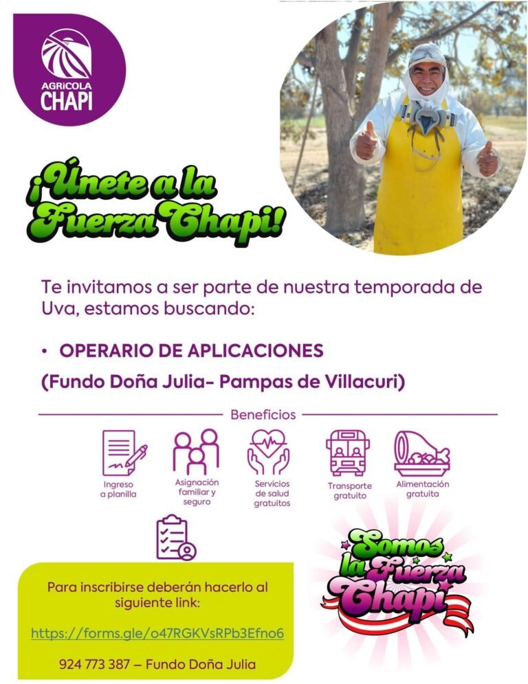 Operario de Aplicaciones – Agrícola Chapi – Villacurí