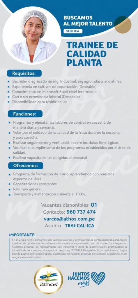 Trainee de Calidad Planta – Grupo Athos, Ica - Imagen 1