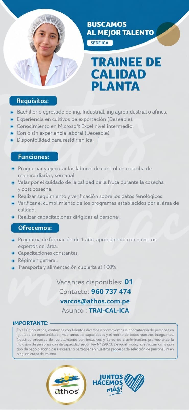Trainee de Calidad Planta – Grupo Athos, Ica