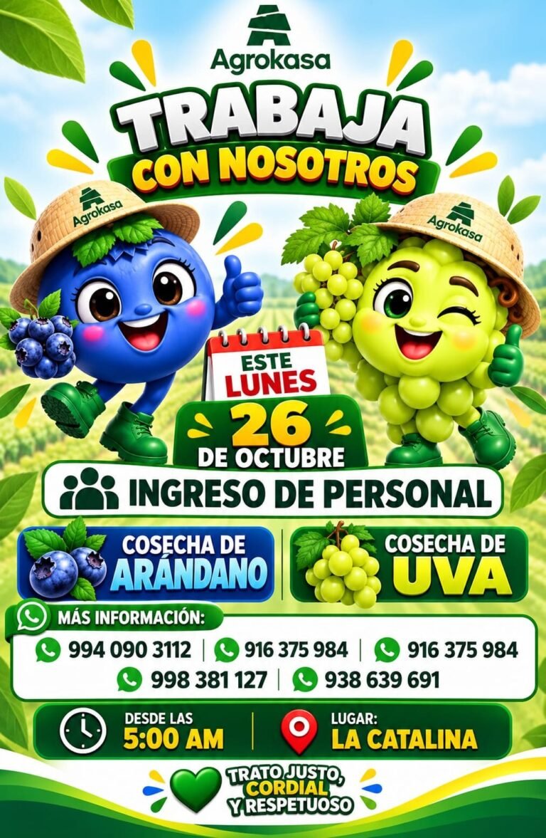Agrokasa: Ingreso de personal para cosecha de uva y arándano – La Catalina (Ica)