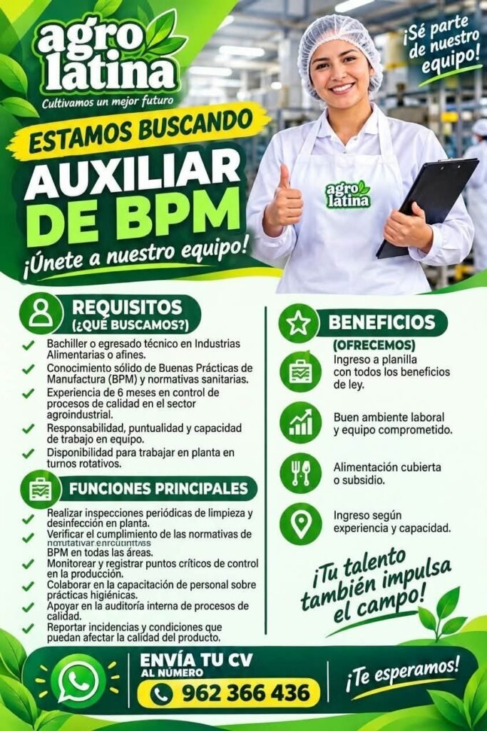 Supervisores SSOP y Servicios Ambientales, Auxiliar de BPM – Agrolatina (Villacurí, Ica) - Imagen 3
