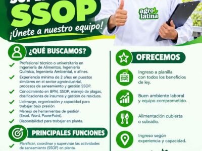 Supervisores SSOP y Servicios Ambientales, Auxiliar de BPM – Agrolatina (Villacurí, Ica)
