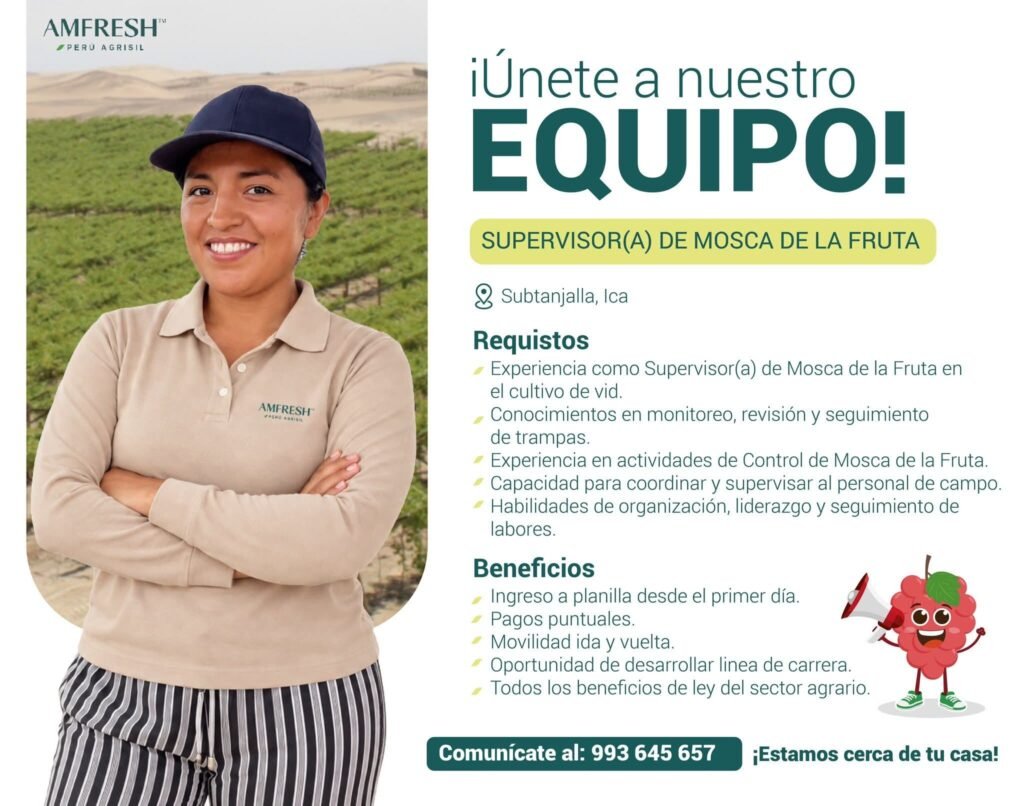 SUPERVISOR(A) DE MOSCA DE LA FRUTA Y TRACTORISTAS – AMFRESH PERÚ – SUBTANJALLA, ICA - Imagen 1