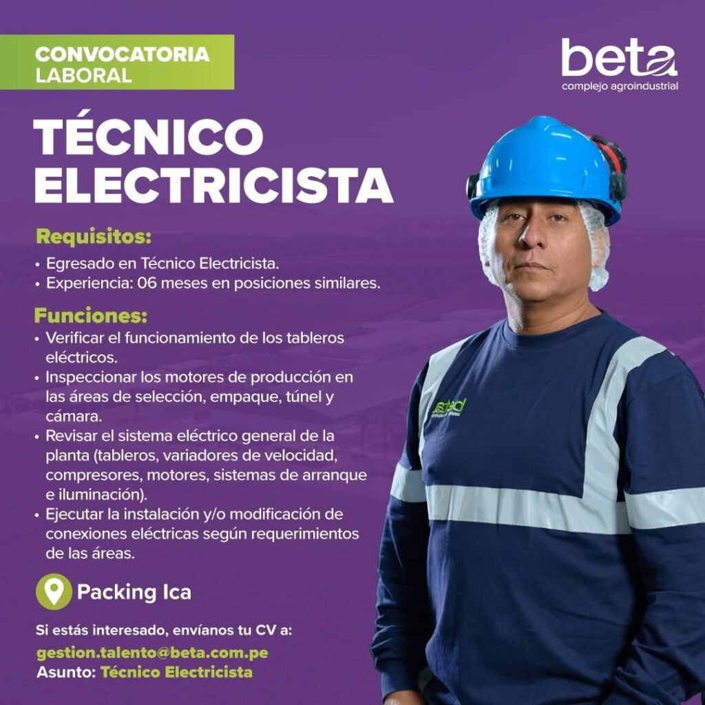 Técnico Electricista y Técnico Mecánico – Beta, Packing Ica