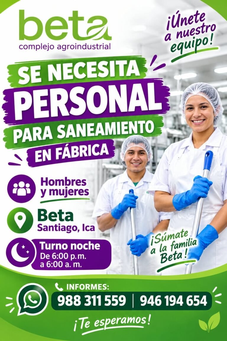 PERSONAL PARA SANEAMIENTO EN FÁBRICA – TURNO NOCHE – BETA – SANTIAGO, ICA