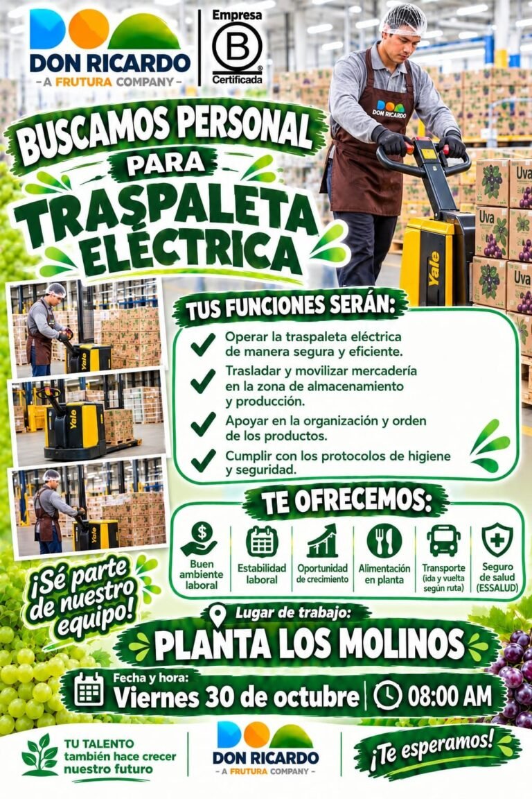 OPERADOR DE TRASPALETA ELÉCTRICA, ENZUNCHADOR Y MÁQUINA FLEJADORA – DON RICARDO (LOS MOLINOS)