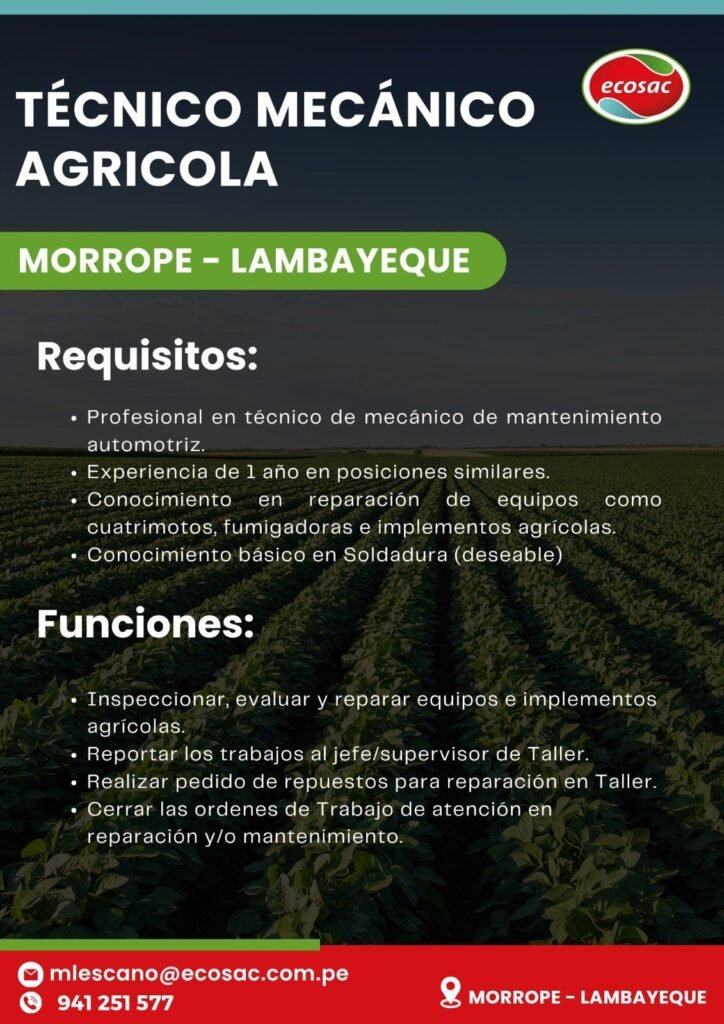 TÉCNICO MECÁNICO AGRÍCOLA – ECOSAC (MÓRROPE, LAMBAYEQUE) - Imagen 1