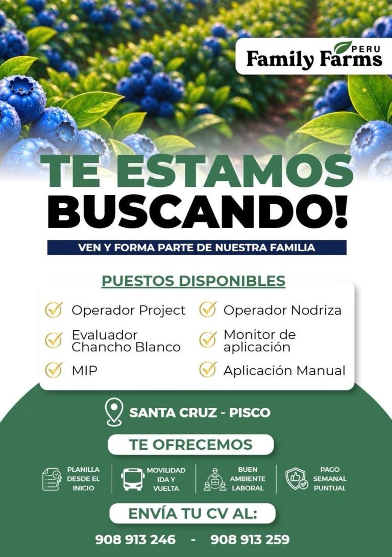 Evaluadores, Monitores y Operadores – Family Farms, Santa Cruz (Pisco)