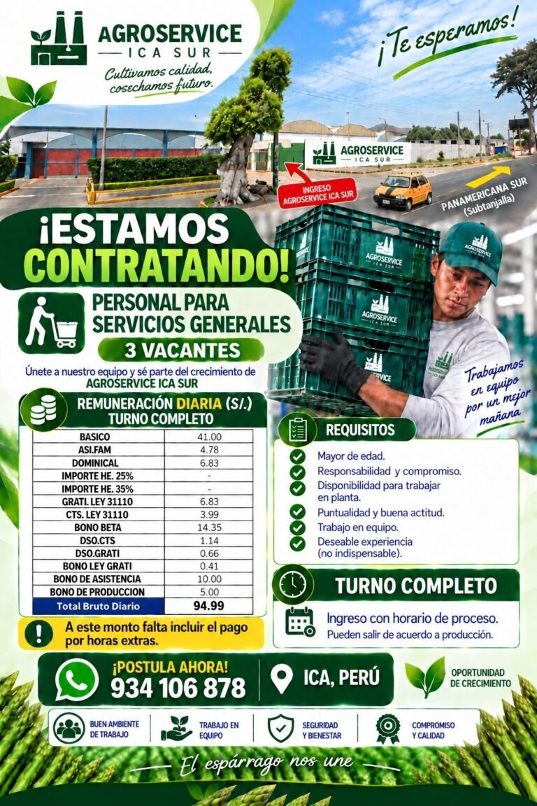 Servicios generales y control de calidad – Agroservice Ica Sur – Subtanjalla