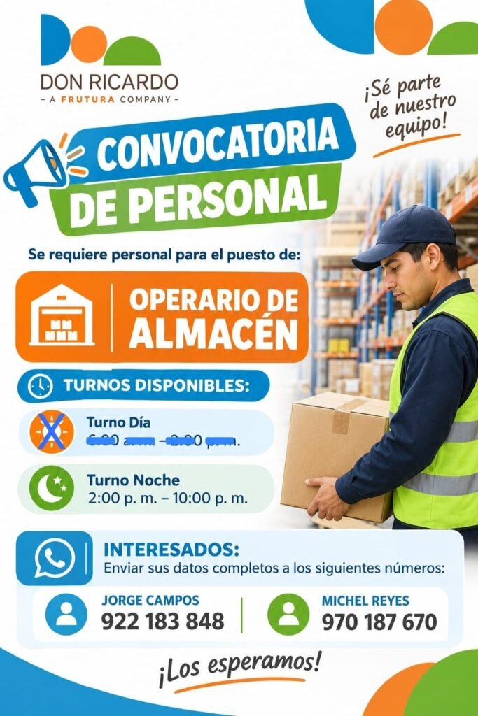 Convocatoria Agrícola Don Ricardo: Evaluadores fitosanitarios, Sanitización Packing y Operario de almacén - Imagen 3