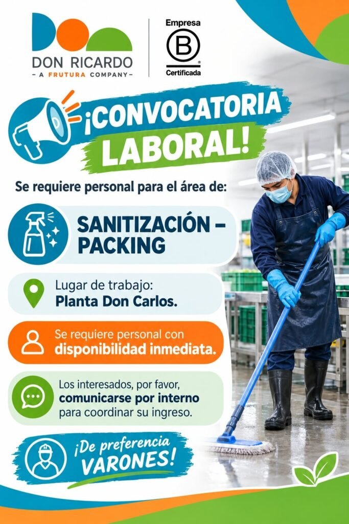 Convocatoria Agrícola Don Ricardo: Evaluadores fitosanitarios, Sanitización Packing y Operario de almacén - Imagen 2