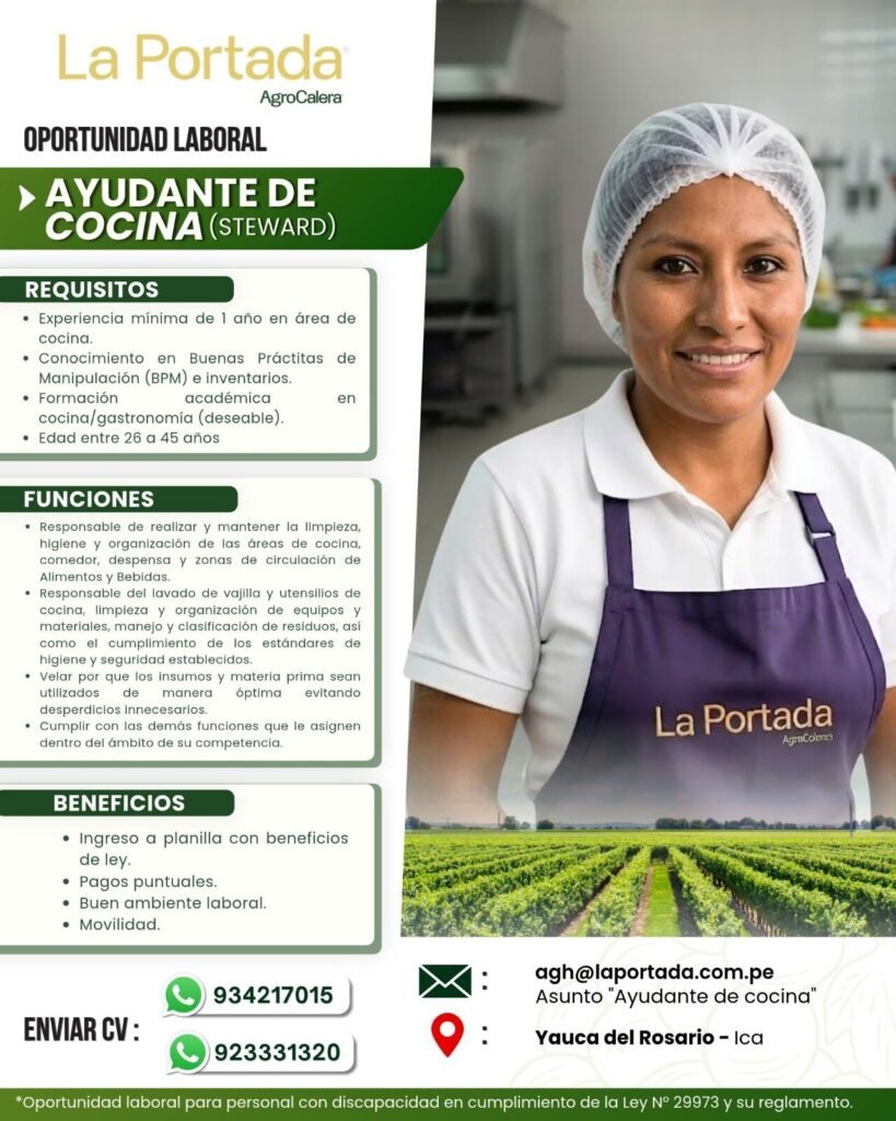 Ayudante de cocina (Steward) – La Portada AgroCalera - Imagen 1